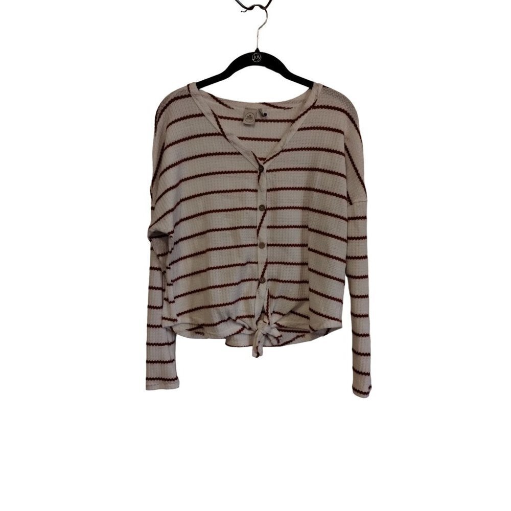 Paper Crane white‎ and brick color stripe waffle texture tie bottom long sleeve